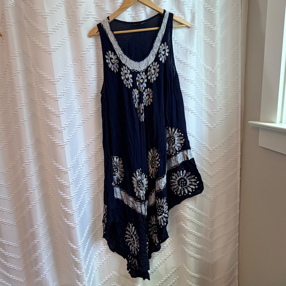 Pagoda Navy Blue Embroidered Handkerchief Hem Rayon Dress Free Size Boho India